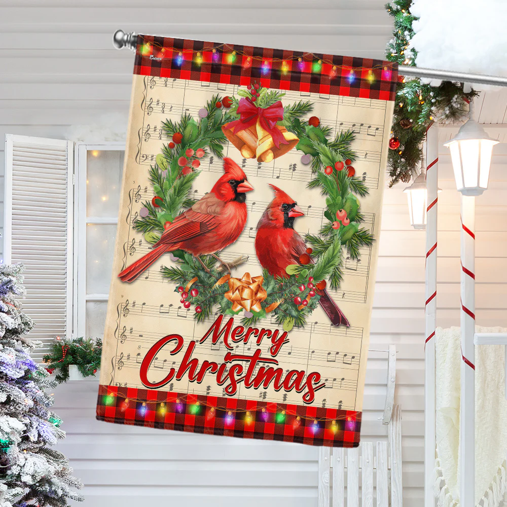 Cardinal Merry Christmas Cardinals in Wreath Flag