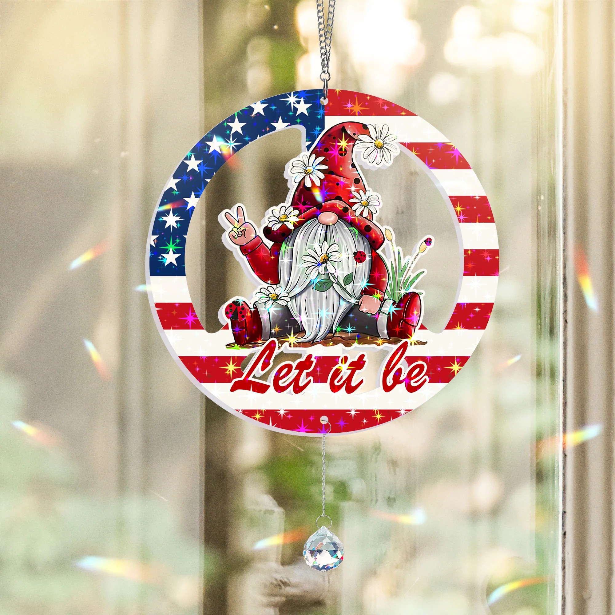 Hippie Gnome, Let It Bee, 4th of july American Peace Sign Hologram Window Hanging