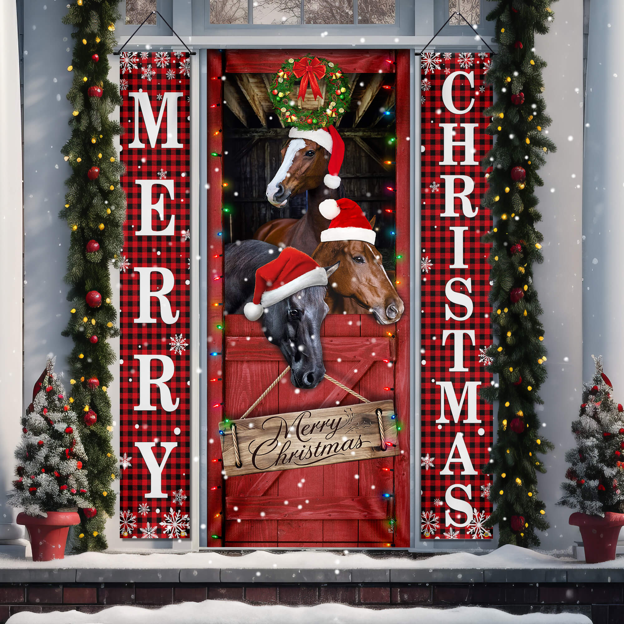 Funny Horses Merry Christmas Door Cover and Banners, Farm Decor